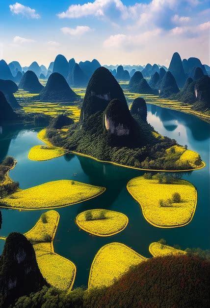 Premium AI Image | A landscape of karst mountains and mountains