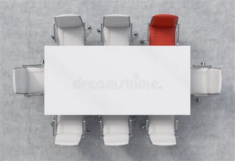 Top View of a Conference Room. a White Rectangular Table and Eight Chairs Around, One of Them is ...