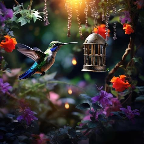 Premium AI Image | A hummingbird in flight towards a bird feeder