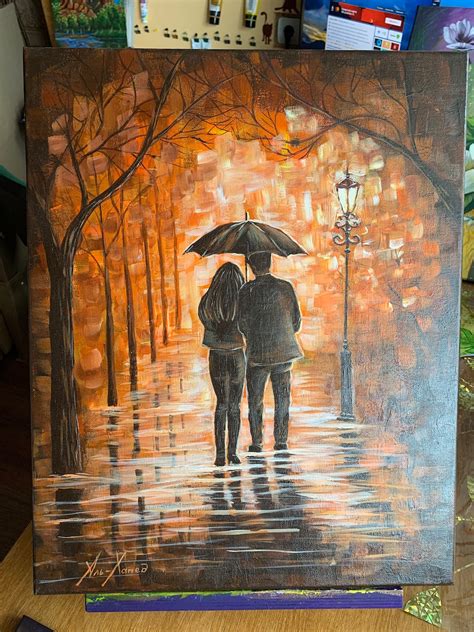 Couple under Umbrella Painting love Original Art Autumn Park | Etsy