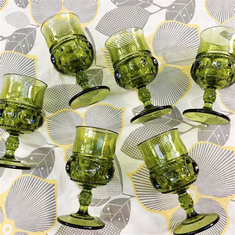 Vintage 1970s Green Glass Goblets, Set of Six, Indiana Glass King's Crown, Midcentury Glassware ...