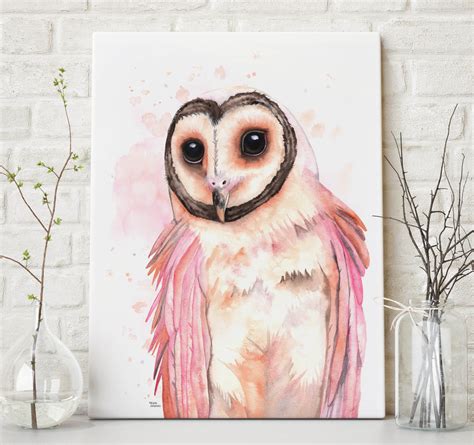 Owl Canvas Wall Art Watercolor Painting Bird Owl Pink Art | Etsy