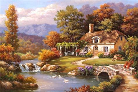 Sung Kim Cottage Stream painting | framed paintings for sale