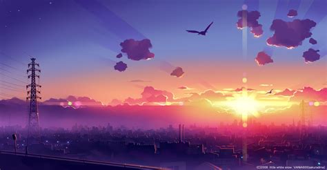 #4594683 artwork, power lines, city, anime, sunlight, skyline, sunset, Sun, cityscape, fantasy ...