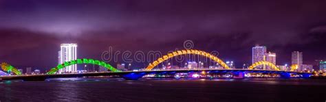 Dragon Bridge Cau Rong Illuminated at Night, Da Nang Vietnam Panorama ...