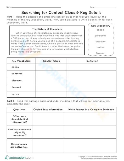 Searching For Context Clues & Key Details Worksheet