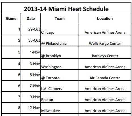 2013-14 Miami Heat Schedule - PrinterFriendly