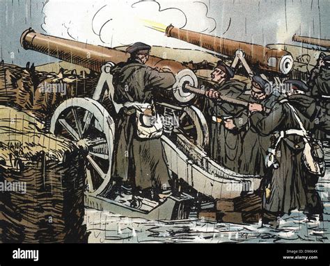 Franco-Prussian War 1870-1871: Prussian (German) artillery battery in action. Coloured woodcut ...