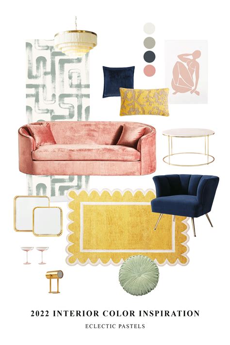 the interior color inspiration board is shown in pink, blue and yellow colors with gold accents