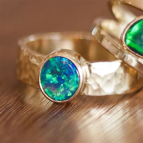 Crystal Opal -9k Gold Ring -Hammered Band - Lost Sea Opals