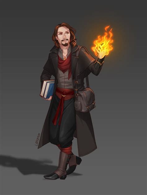 male spell caster / wizard with flaming hand fireball spell books DnD ...