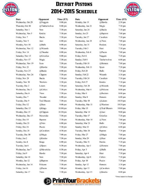 Printable Detroit Pistons Schedule - Printable Schedule