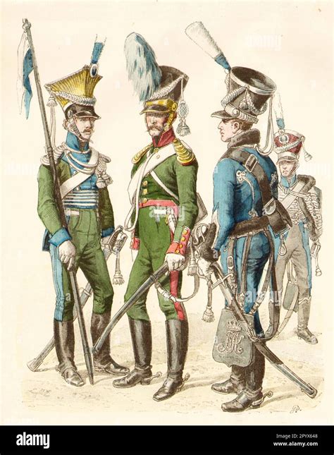 Bavarian soldiers in uniforms of the 19th century: ulan, national chevauleger, hussar ...