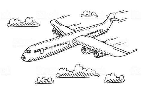 Hand-drawn vector drawing of a Flying Airplane. Black-and-White ...