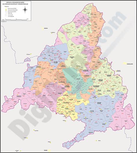 Madrid - mapa provincial con municipios y códigos postales en color