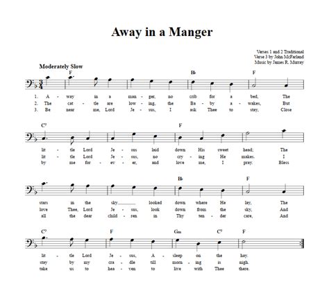 Away in a Manger Bass Clef Instrument Sheet Music (Lead Sheet) with Chords and Lyrics