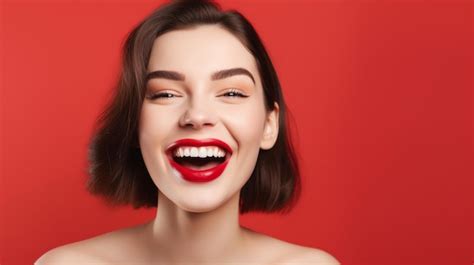 Premium AI Image | Happy young woman with red lipstick and big white teeth smile Generative AI