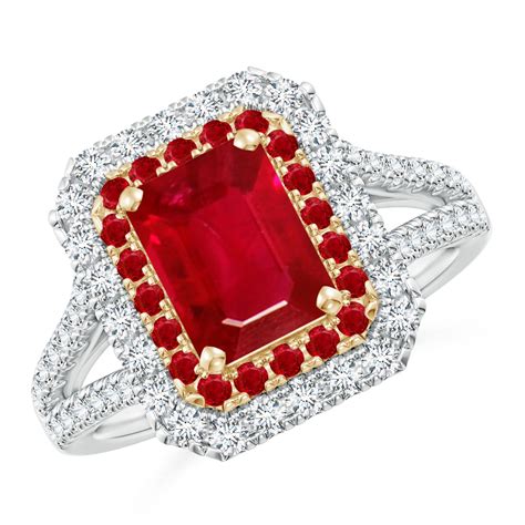 Emerald-Cut Ruby Two Tone Ring with Double Halo | Angara Australia