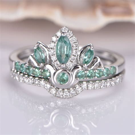 Natural Emerald Wedding Ring Set Crown Style Emerald Engagement Ring Half Eternity Diamond ...