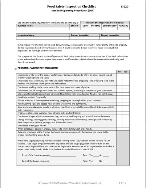 Food Sanitation Inspection Checklist