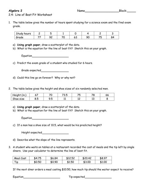 Line of Best fit worksheet