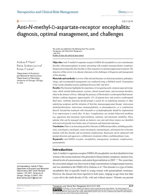 Anti Nmda Receptor Encephalitis Diagnosis Optimal Management ...