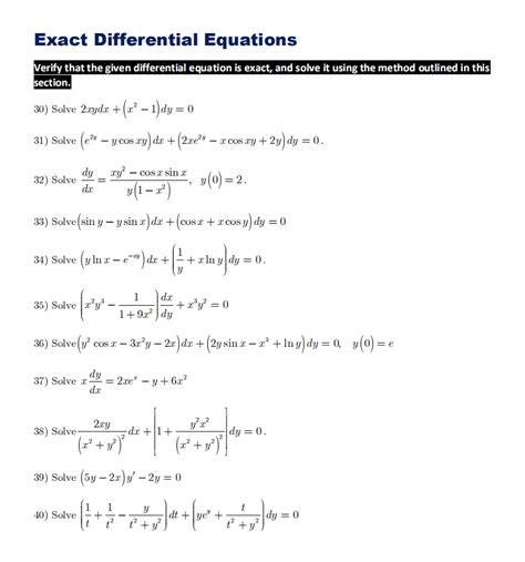 Solved Exact Differential Equations Verify that the given | Chegg.com | Chegg.com