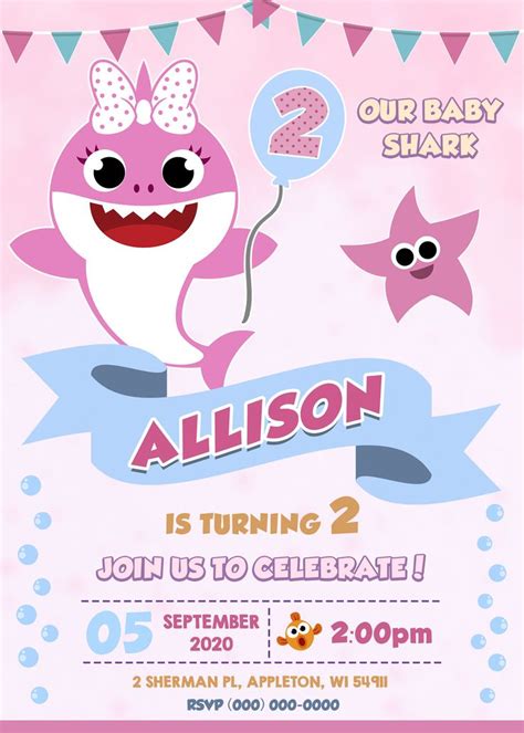 Baby Shark Digital Birthday Invitation, printable Invitation Baby Shark, Girl Baby … | Shark ...