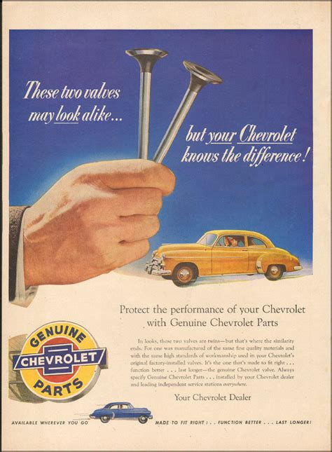 1953 - CHEVROLET CAR PARTS - Magazine Ad - GENUINE VALVES - General Motors | Old Magazine Ads