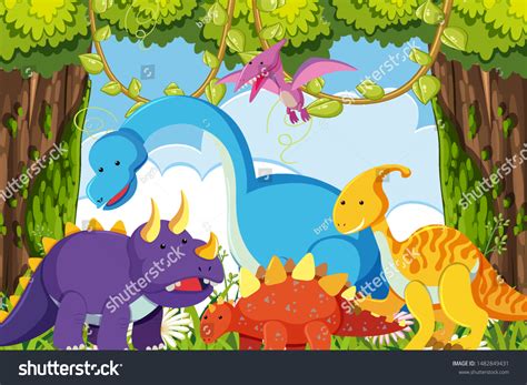 Dinosaurs Jungle Scene Illustration Stock Vector (Royalty Free ...