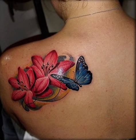 Blue Butterfly And Hibiscus Tattoo On Left Back Shoulder | Butterfly tattoo on shoulder ...