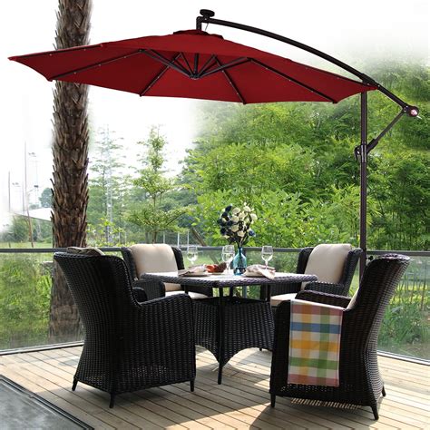 Costway 10' Hanging Solar LED Umbrella Patio Sun Shade Offset Market W/Base Burgundy - Walmart.com