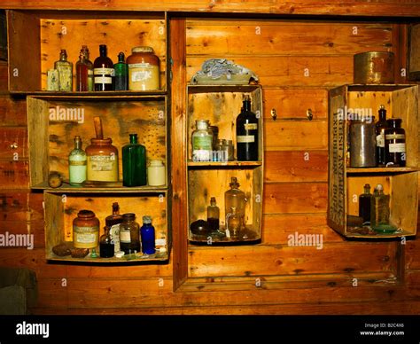 Shackleton's Hut at Cape Royds, interior shelving with bottles, Ross Island, Antarctica Stock ...