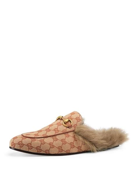 Gucci Men's Princetown Fur-lined GG Canvas Slippers in Rust Natural ...