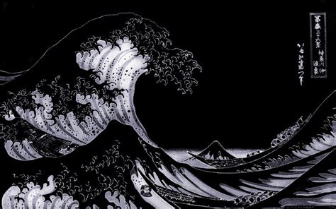 the great wave in black and white is painted with ink on paper by an artist
