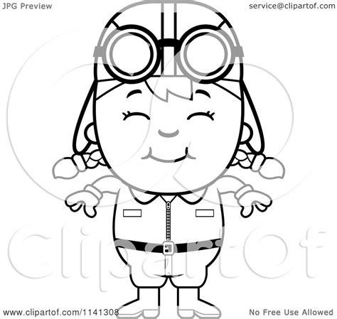 Cartoon Clipart Of A Black And White Happy Aviator Pilot Girl - Vector Outlined Coloring Page by ...