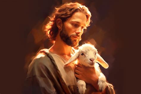 Premium Photo | A painting of jesus holding a baby lamb Generative AI image