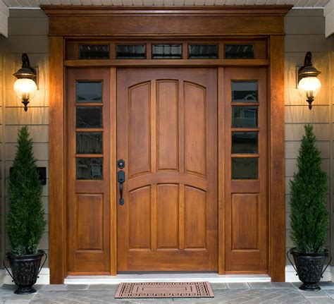 Stained Front Wood Door with Decorative Sidelights and Transom