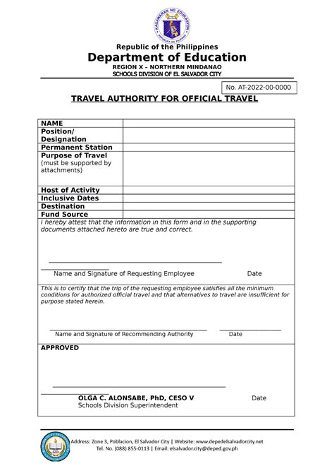 Authority to Travel DO432022 - Republic of the Philippines Department of Education REGION X ...