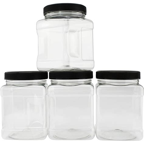 32-Ounce Square Plastic Jars (4-Pack); Clear Rectangular Canisters w ...