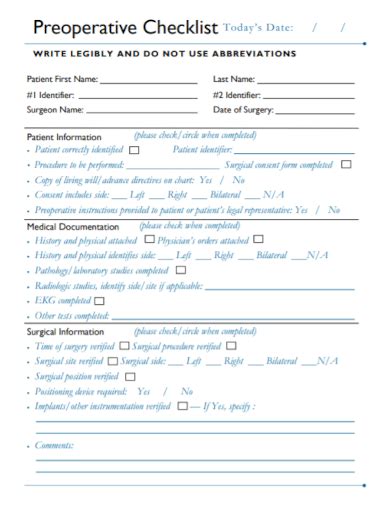 FREE 10+ Preoperative Checklist Samples [ Surgical, Management, Nursing ]