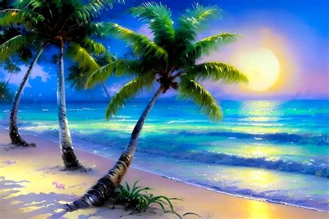 Premium AI Image | A painting of a beach with palm trees on it