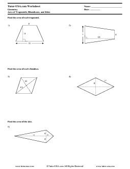 Worksheet: Area of Trapezoids, Rhombuses, and Kites | Geometry Printable