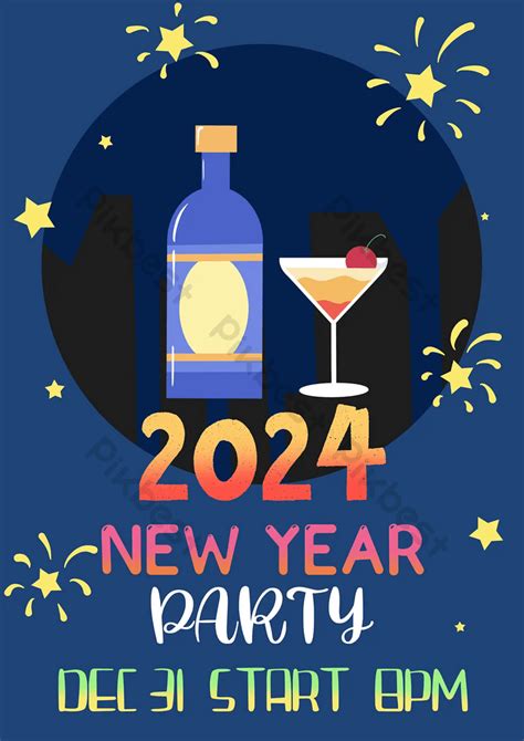 New Year Party Poster Cartoon Fireworks Wine Bottle Glass 2024 | PSD ...