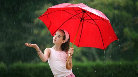 HD Wallpaper: Girl with Red Umbrella in the Rain