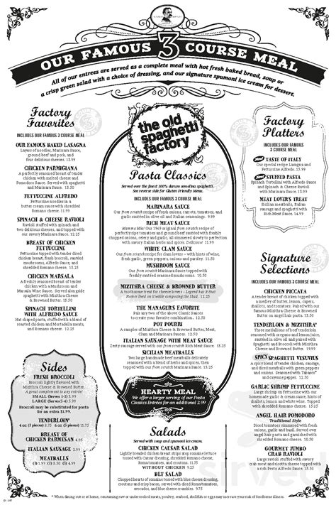 The Old Spaghetti Factory menu in Concord, California, USA