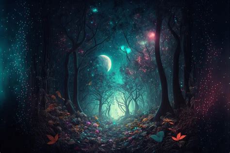 Premium AI Image | there is a painting of a forest with a path and a moon generative ai