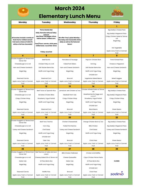 Elementary Lunch Menu - March 2024 | PDF | Lunch | Sandwich