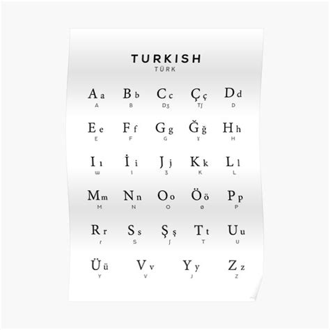 "Turkish Alphabet Chart, Turkey Language Chart, White" Poster by ...