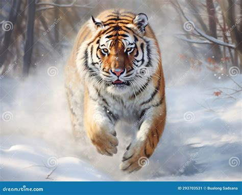 Siberian Tiger Running in Snow Stock Illustration - Illustration of angry, running: 293703531